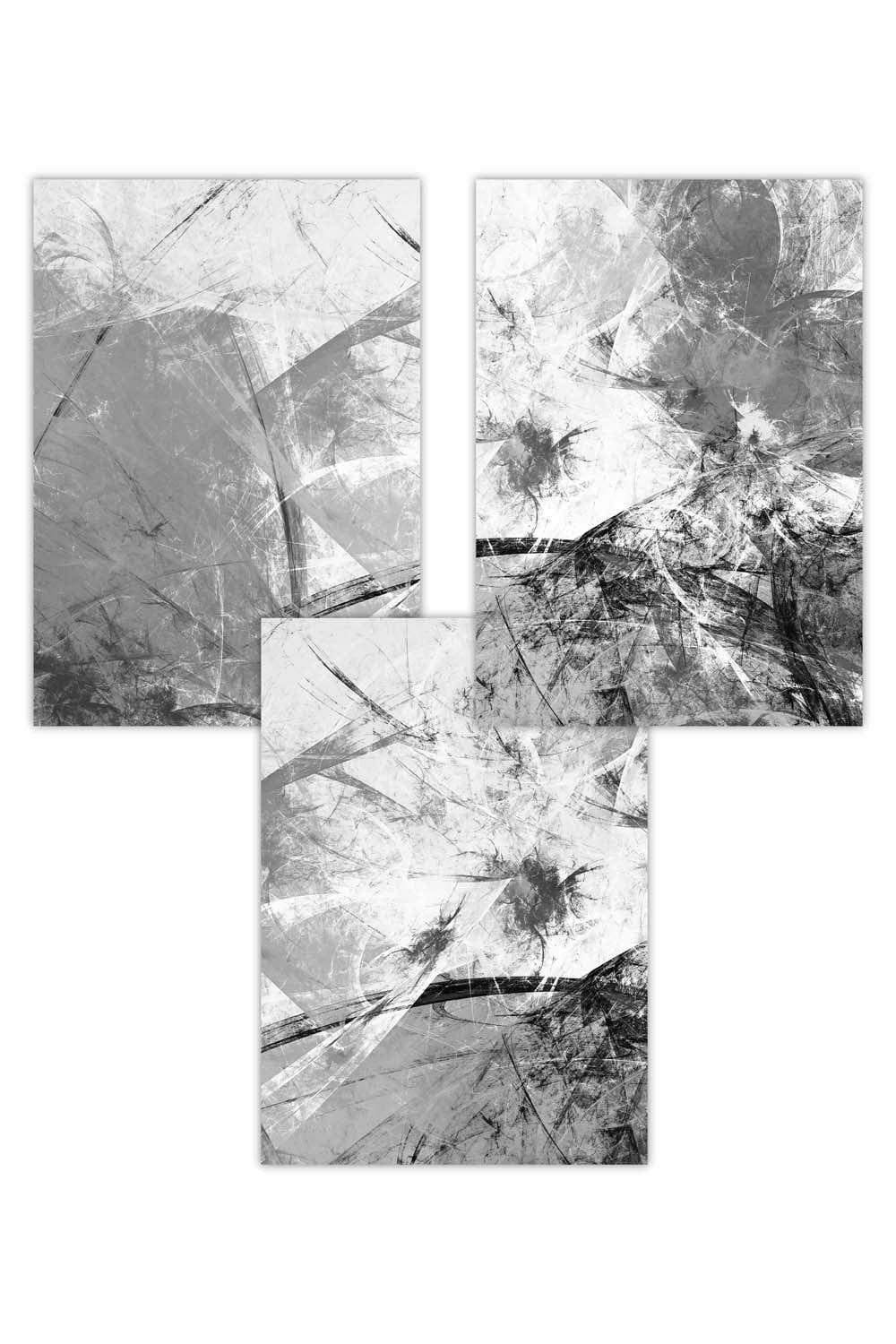 Set of 3 Abstract Black and Grey Scattered Fractal Art Posters
